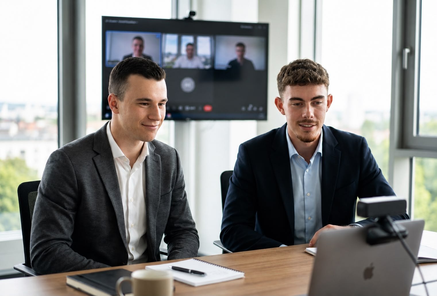 Stephan Dieterle und Jonas Feldmeyer im Videogespräch mit einem Kunden