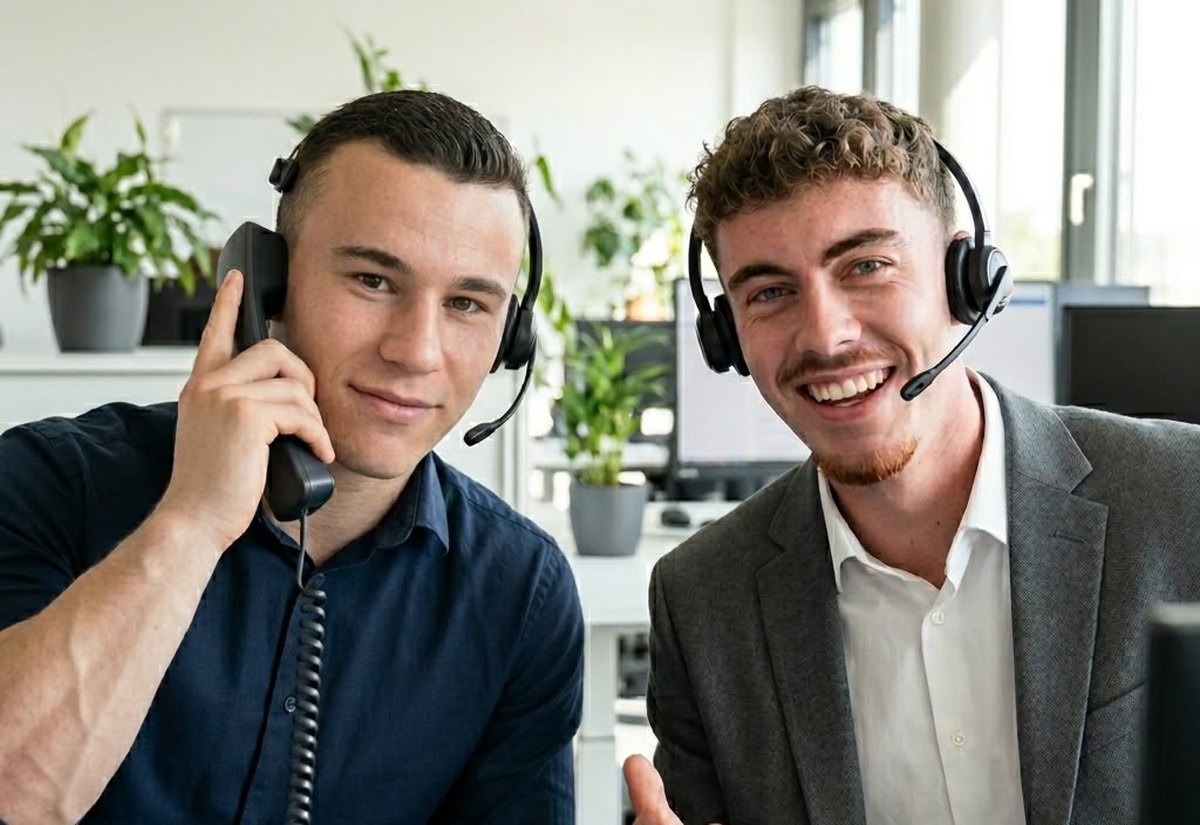 Stephan Dieterle und Jonas Feldmeyer mit Headsets am Telefon